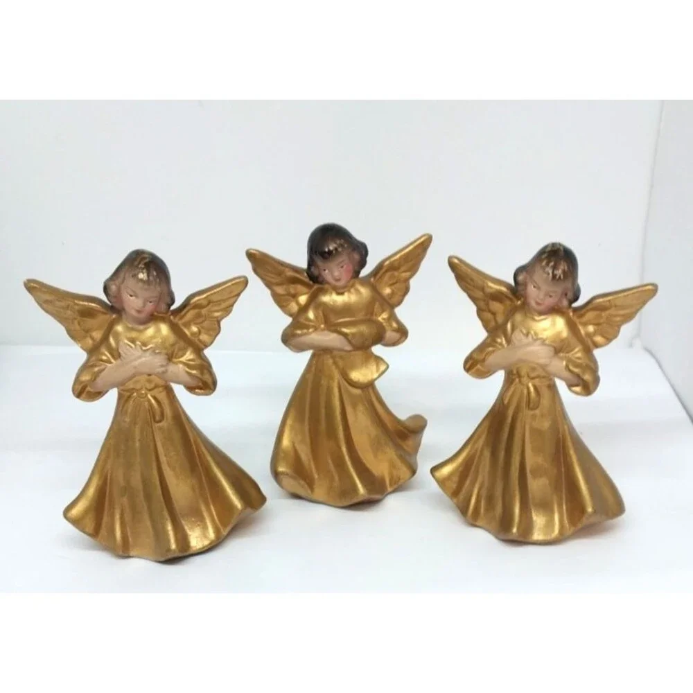 Vintage Set of 3 Christmas Angel Figurines Japan MCM Metallic Gold Hand Painted